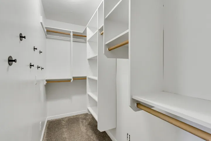 Walk in closet with dark carpet