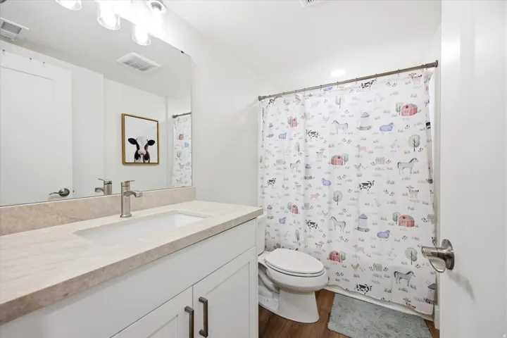 Full bathroom with vanity, a shower with curtain, and dark wood finished floors
