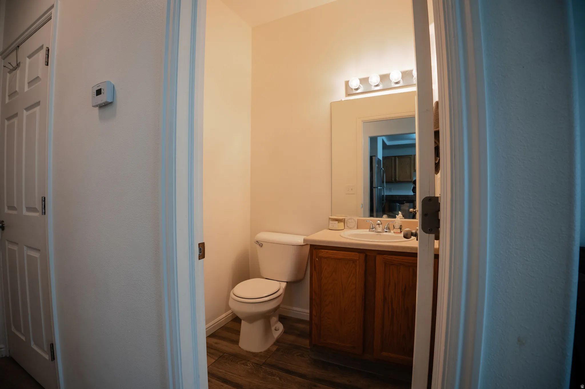 Bathroom featuring vanity and dark wood-style flooring
