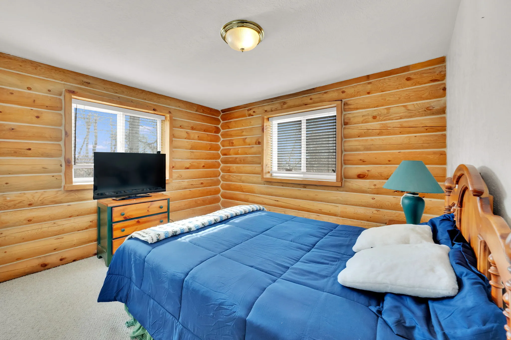 Bedroom featuring rustic walls and carpet floors