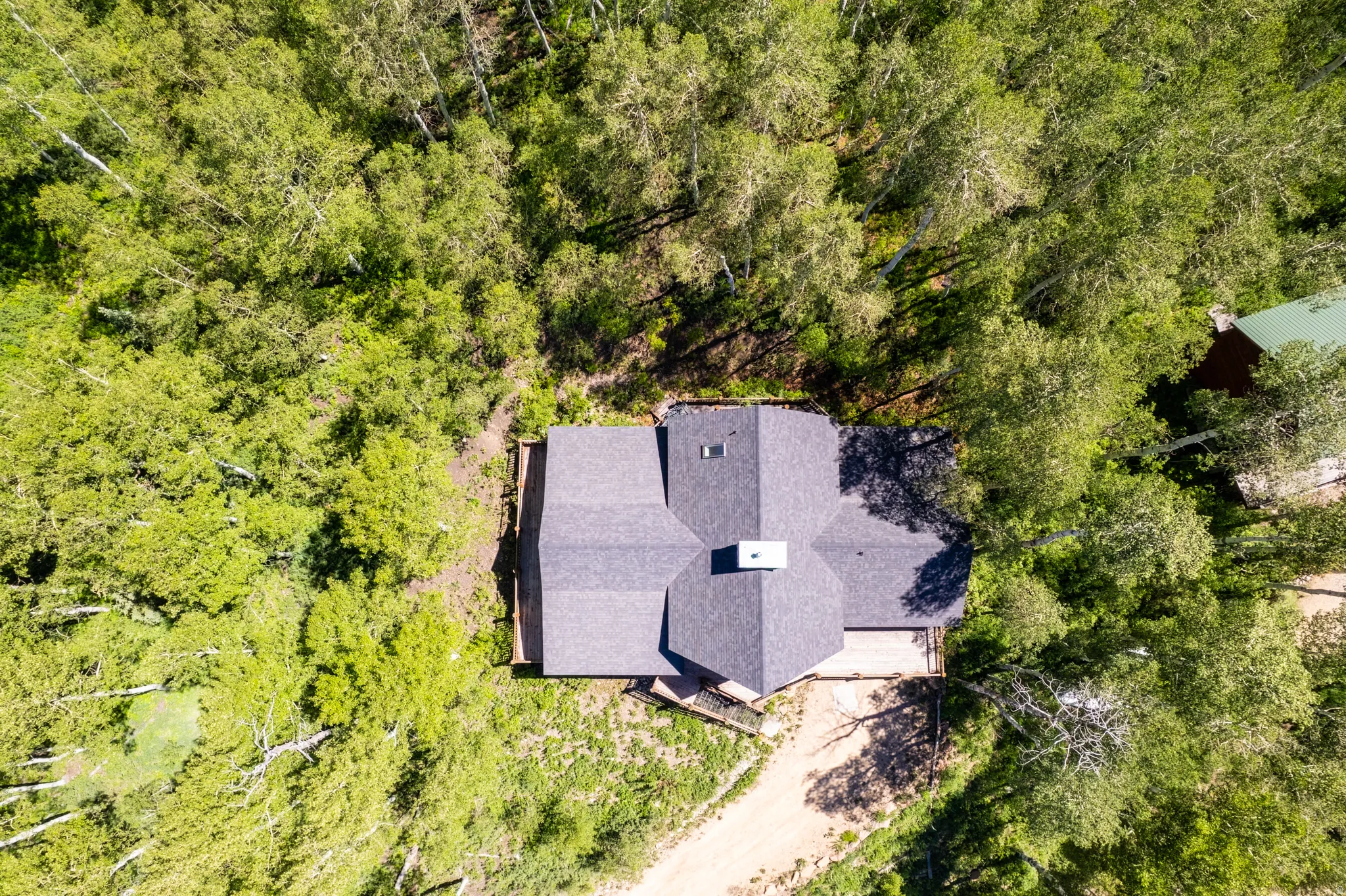 Gable roof home featuring a central chimney and a surrounding tree canopy