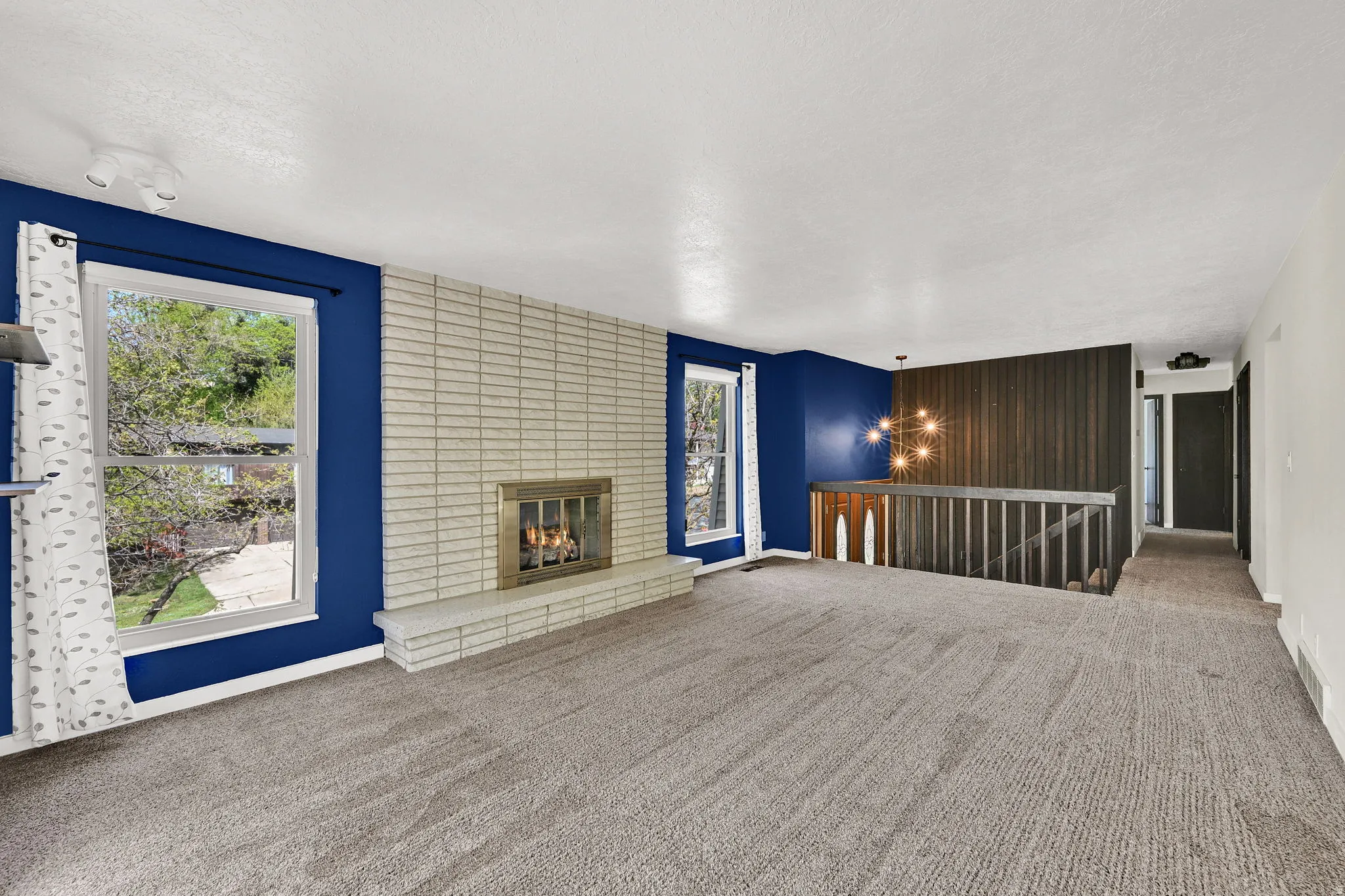 Spacious living room with gas fireplace