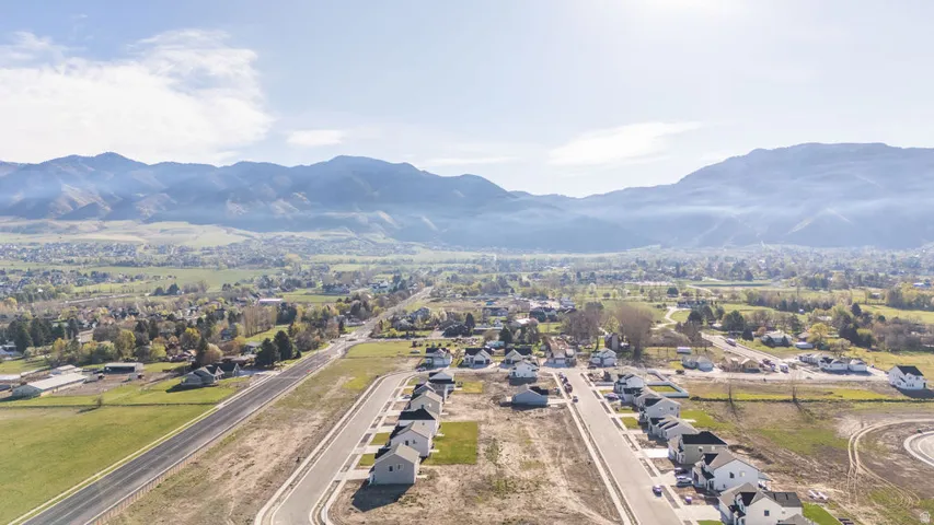 Aerial perspective of suburban area with mountains