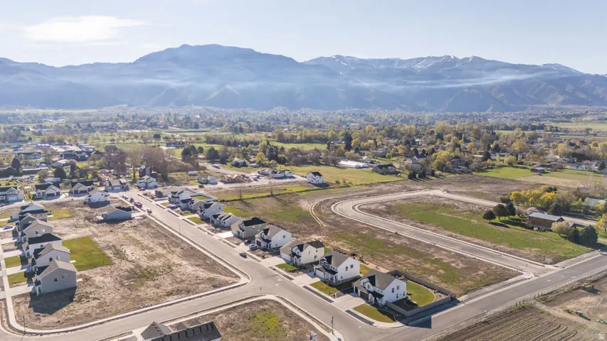 Aerial view of residential area with a mountain backdrop