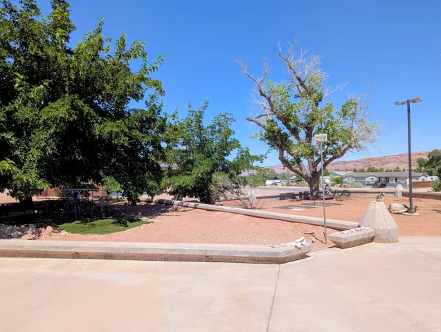 Spacious outdoor area with mature trees, a concrete walkway, and desert landscaping
