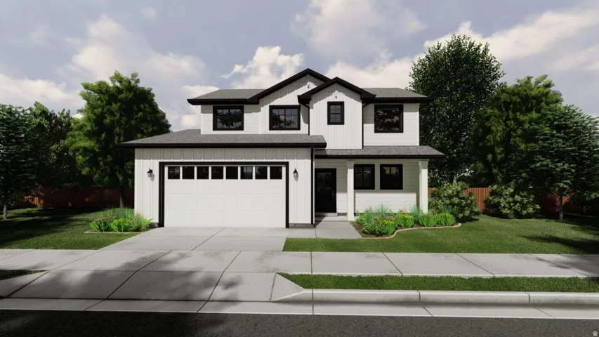 Modern inspired farmhouse with board and batten siding, roof with shingles, driveway, and a garage