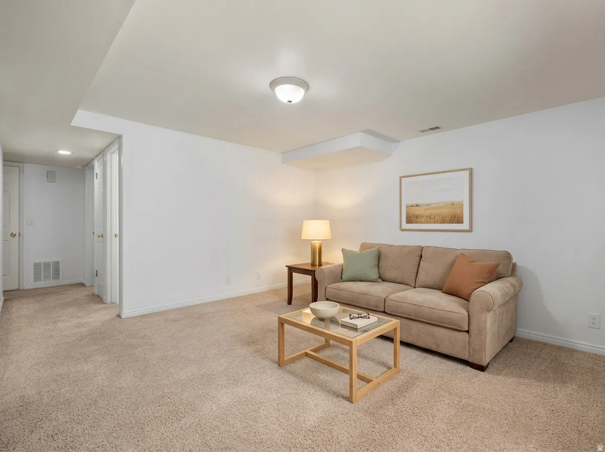 Living room featuring light colored carpet and recessed lighting