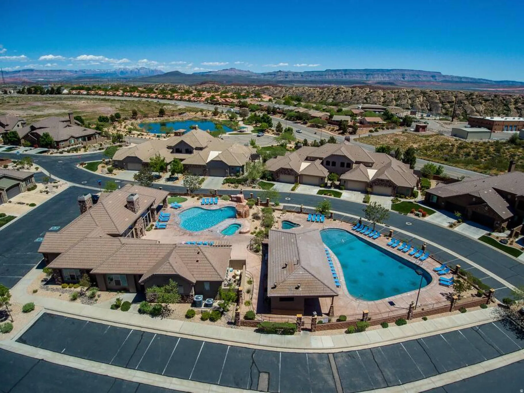 Aerial view of residential area with mountains