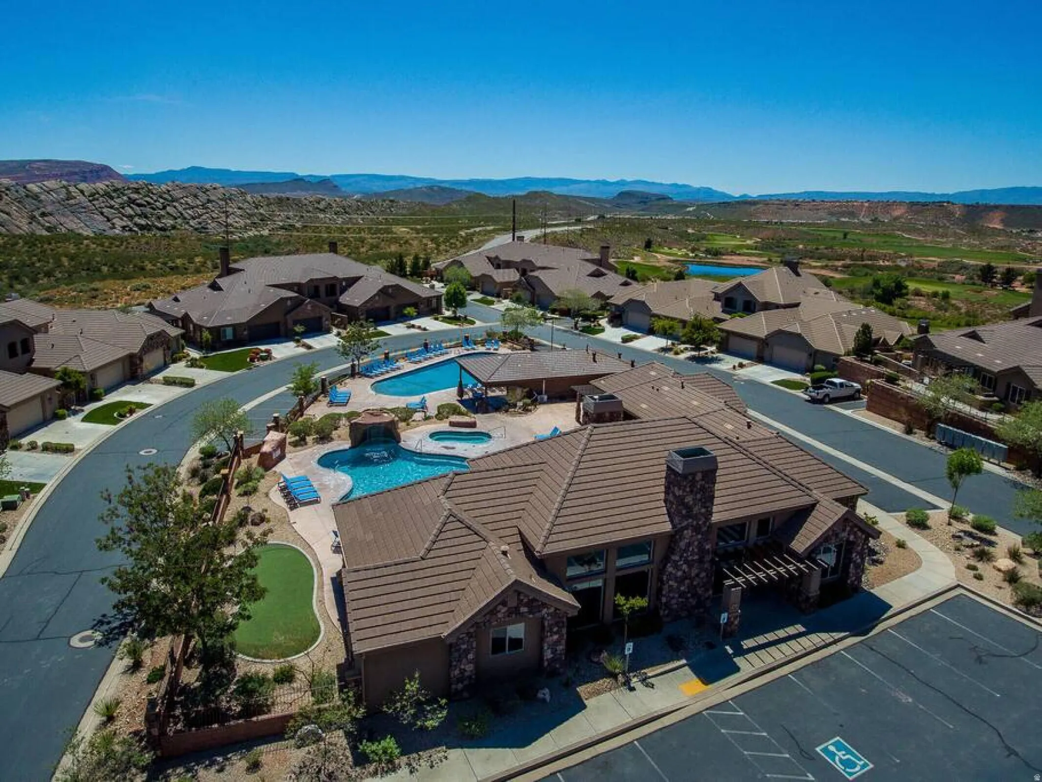 Aerial view of residential area with mountains