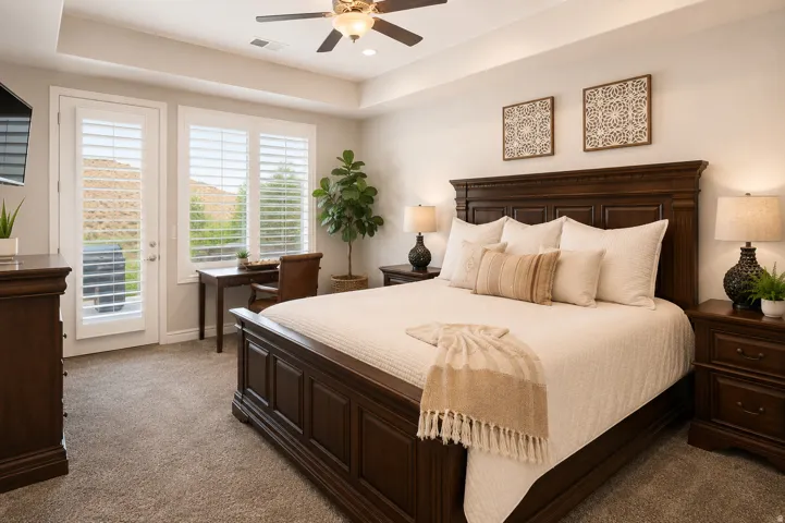 Tray ceiling with ceiling fan, recessed lighting, carpeted flooring, and a glass-paneled door