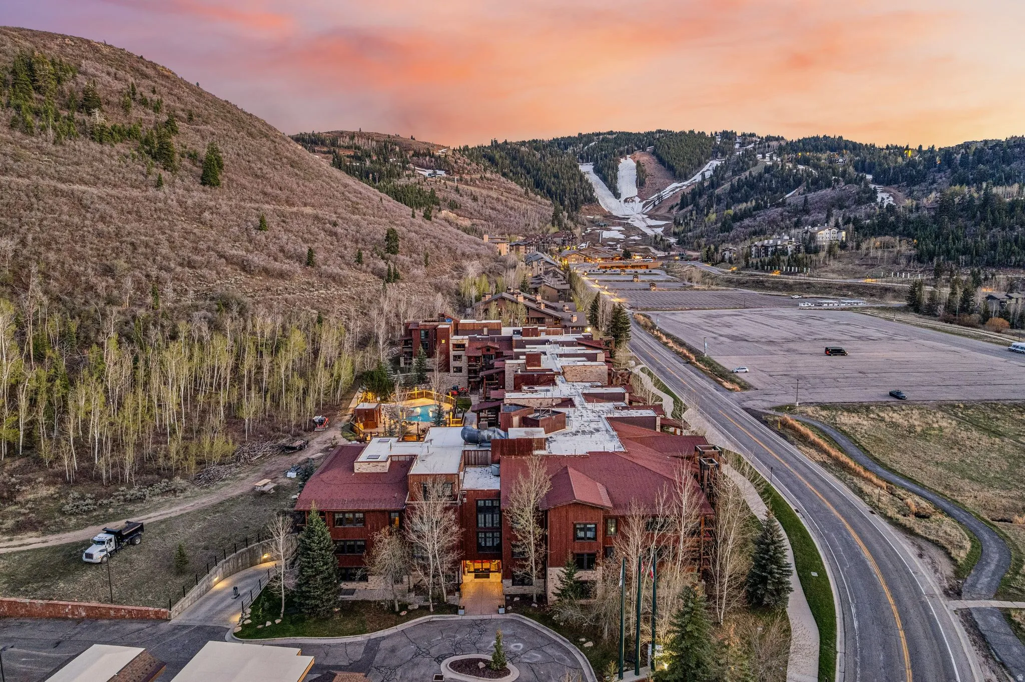Aerial view at dusk of a mountain view