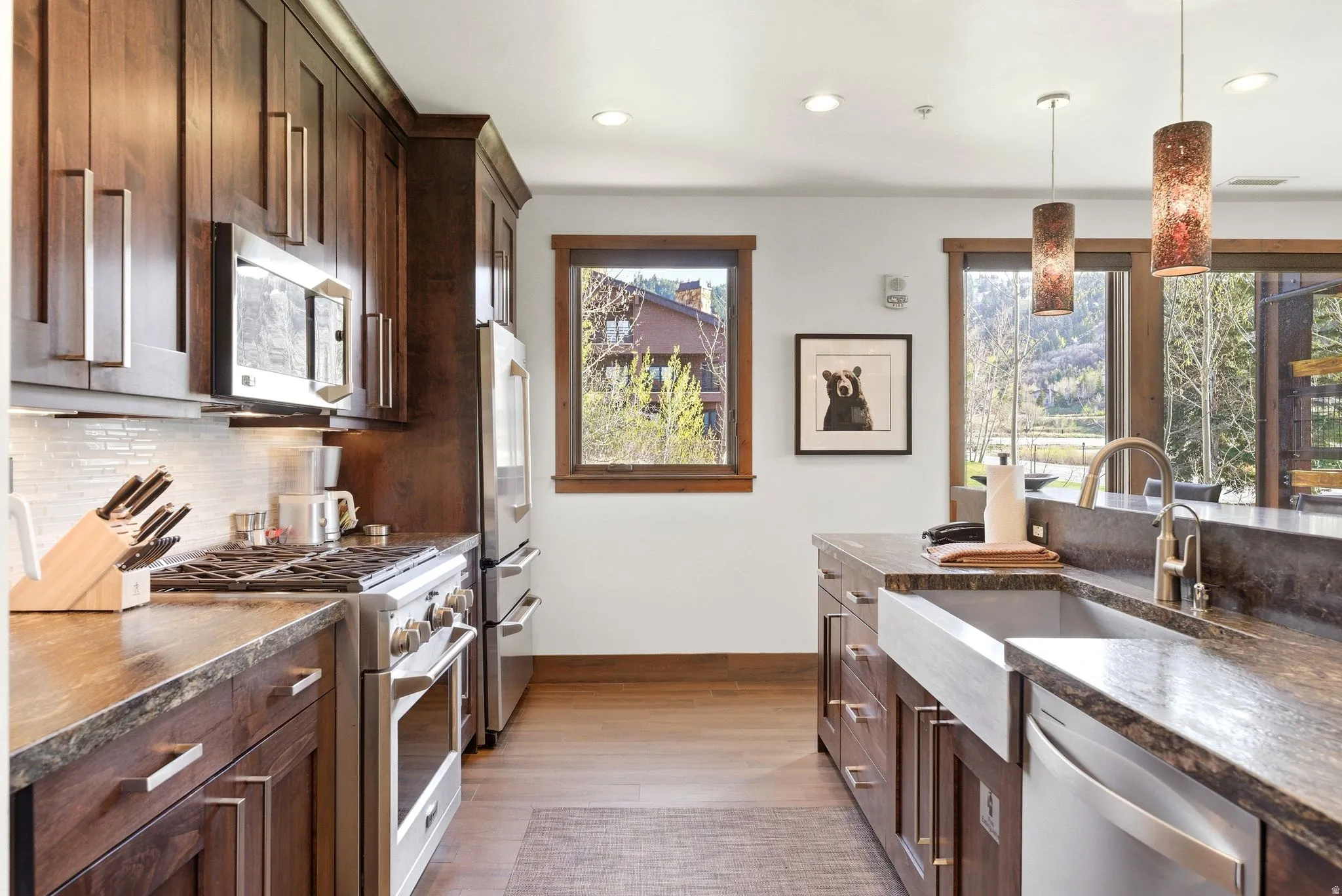 Kitchen with stainless steel appliances, dark wood finish cabinets, dark stone countertops, and decorative light fixtures