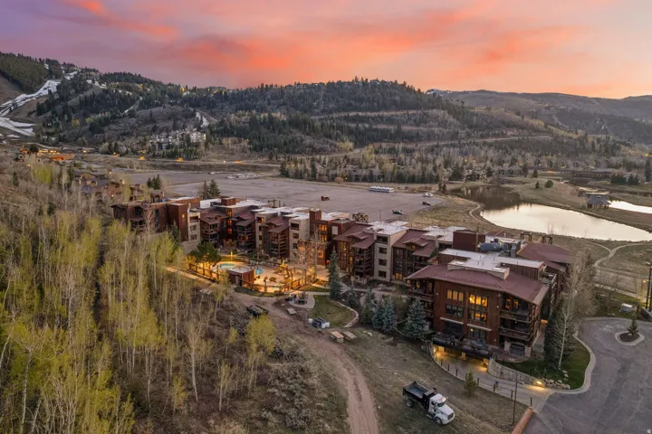 Aerial view at dusk of a water and mountain view