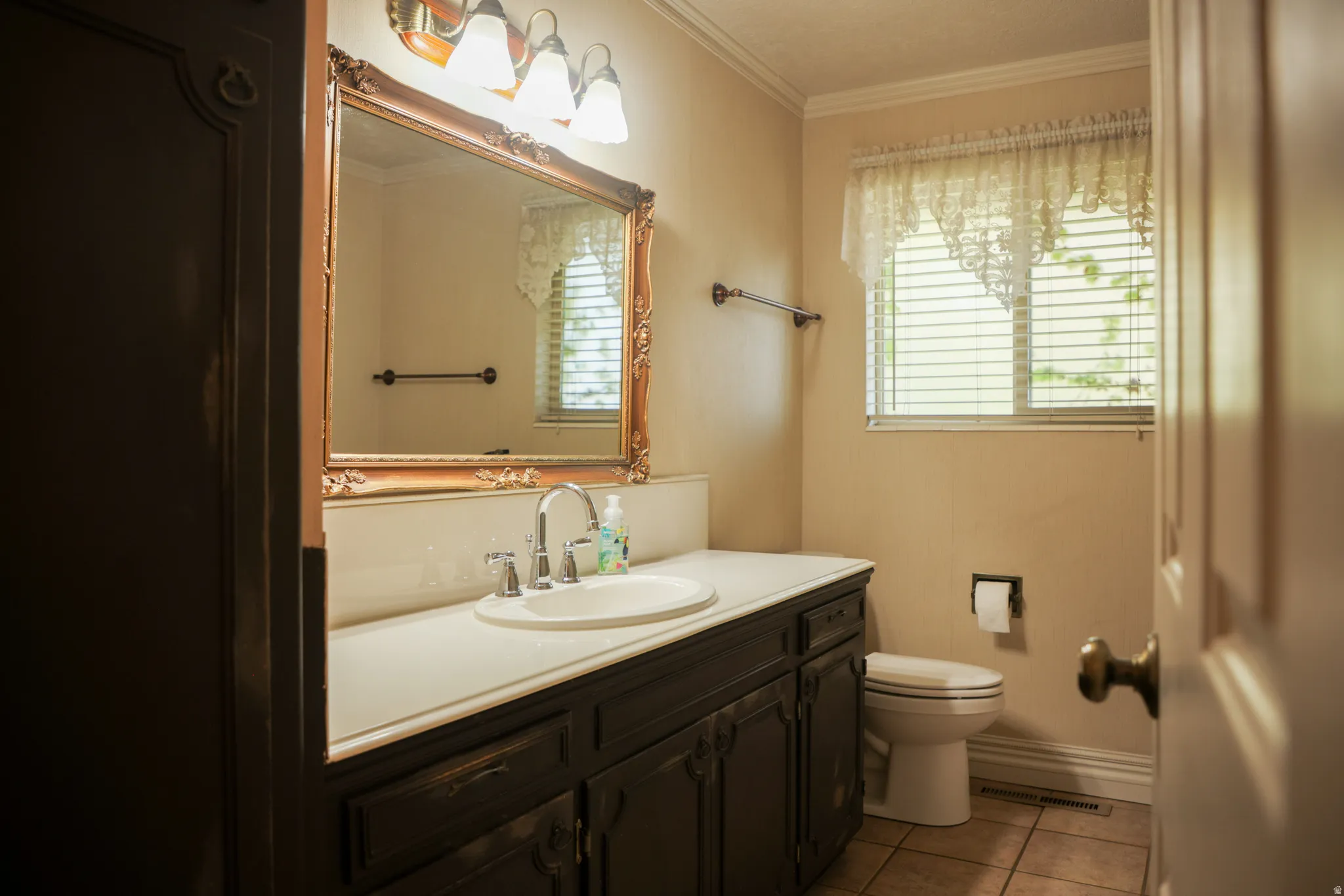 Half bath with vanity, ornamental molding, light tile patterned floors, and healthy amount of natural light