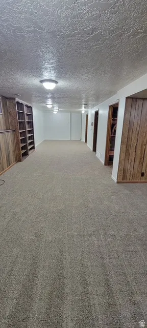 Finished basement featuring a textured ceiling and carpet floors