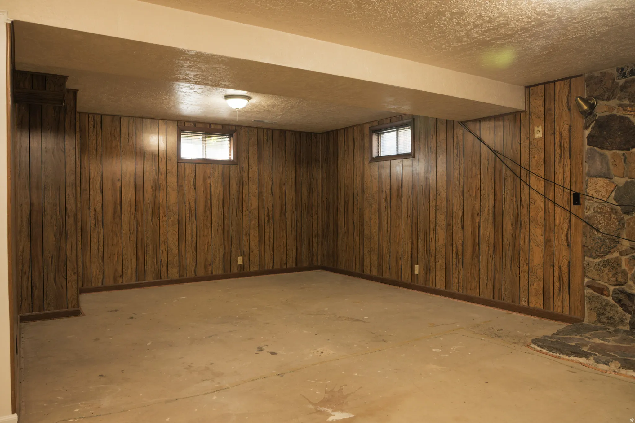 Basement with wood walls and a textured ceiling