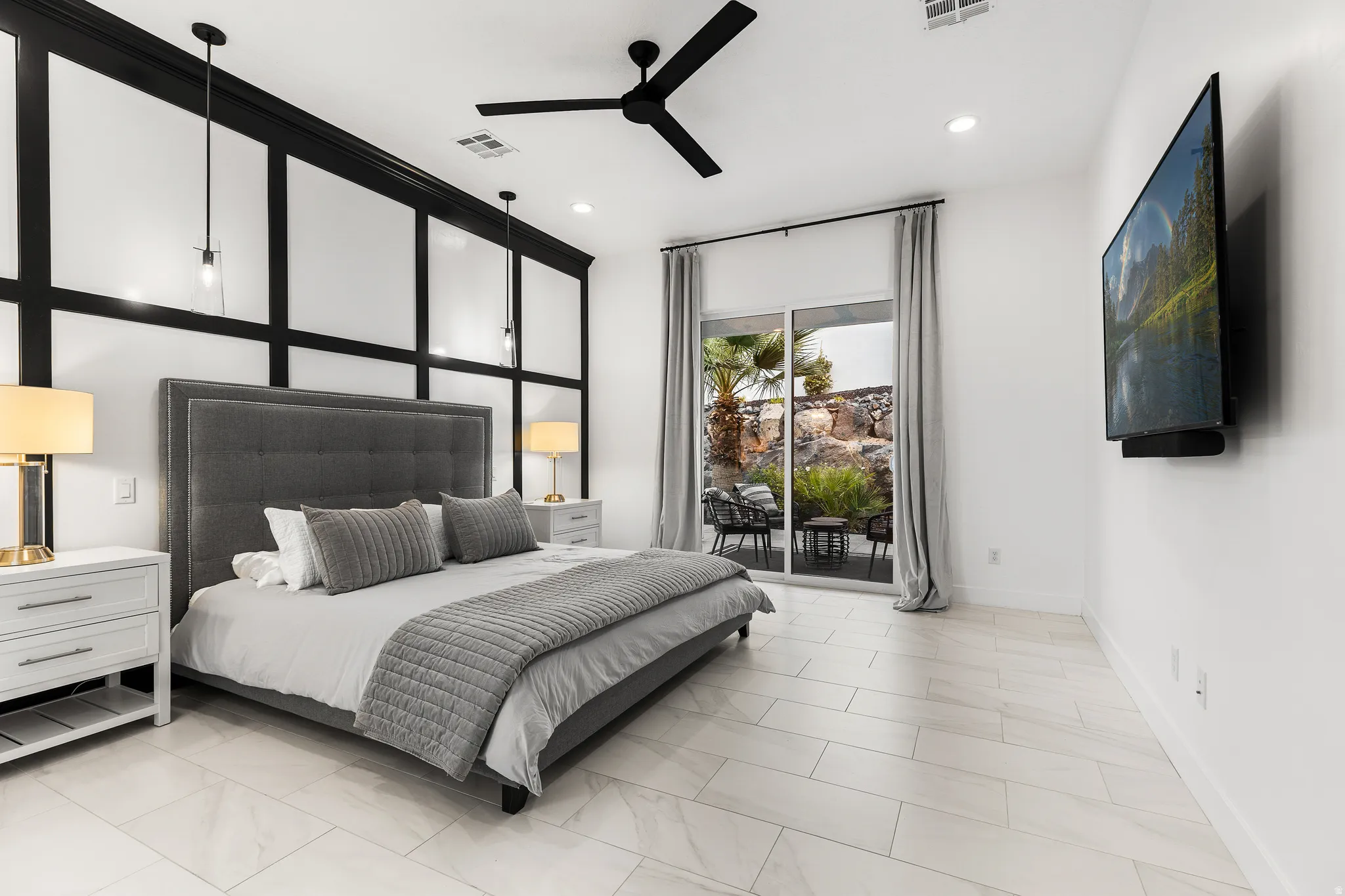 Bedroom featuring access to outside, a ceiling fan, and recessed lighting
