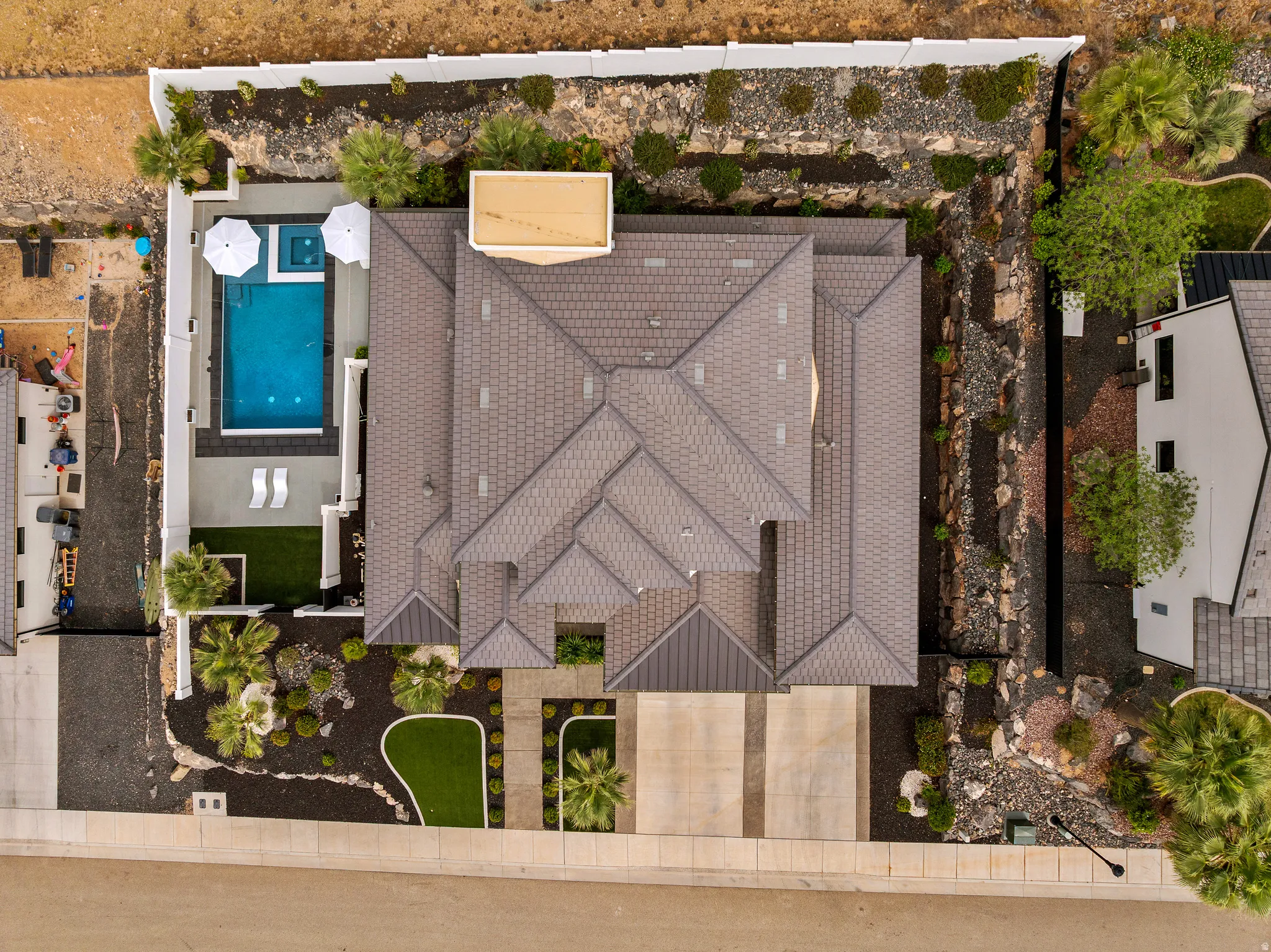 View from above of property featuring a pool