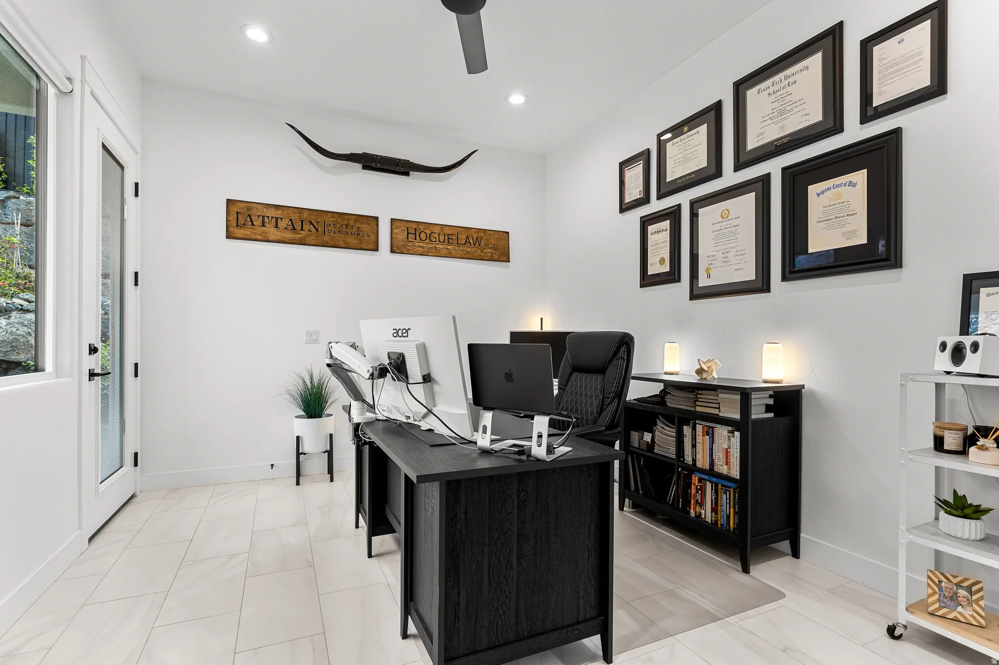 Home office with recessed lighting and a ceiling fan