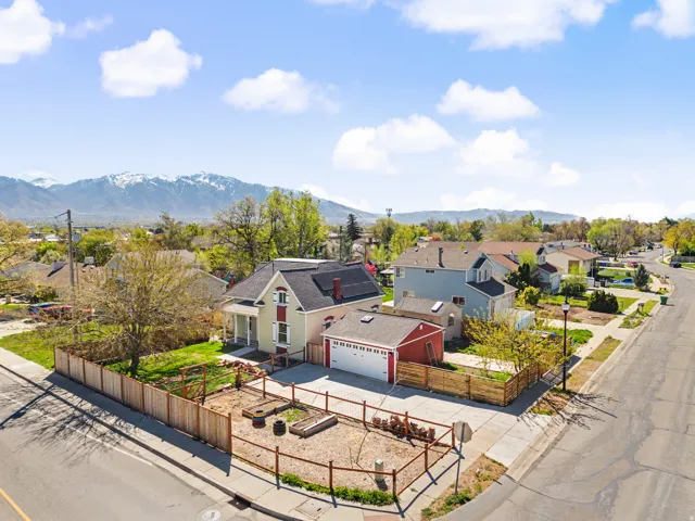 Aerial perspective of suburban area featuring mountains