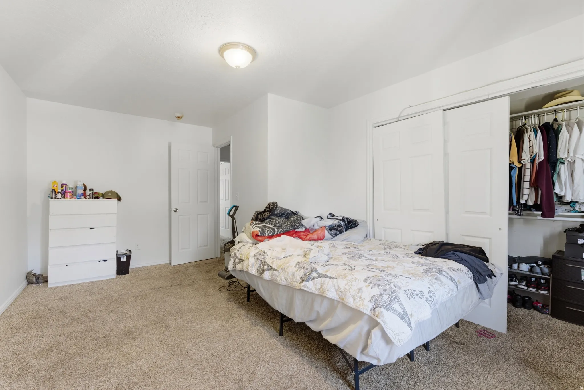 Bedroom with a closet and light colored carpet