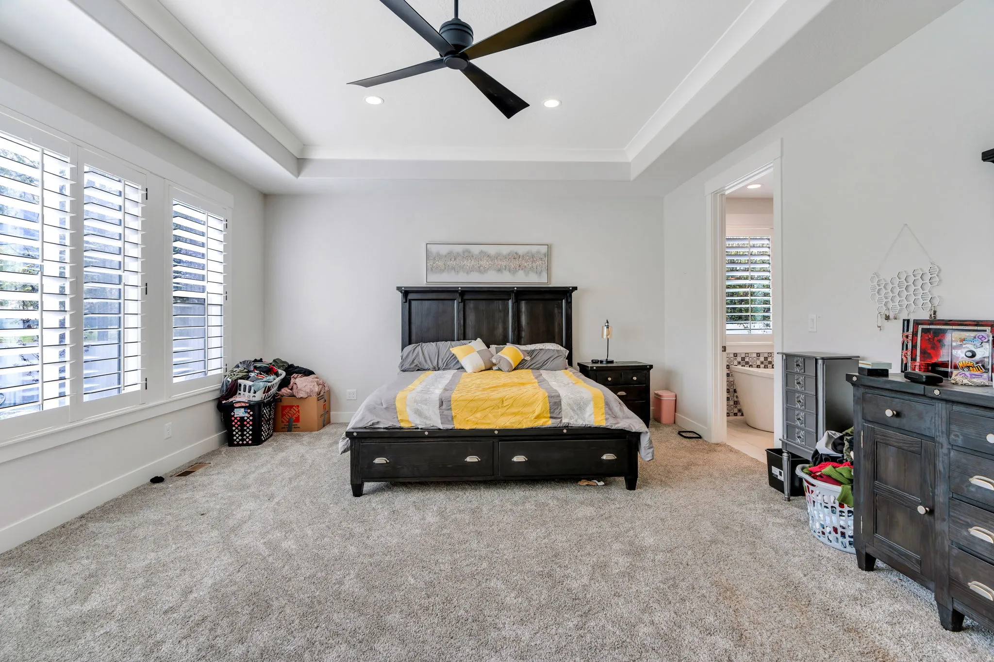Master bedroom with tray ceiling