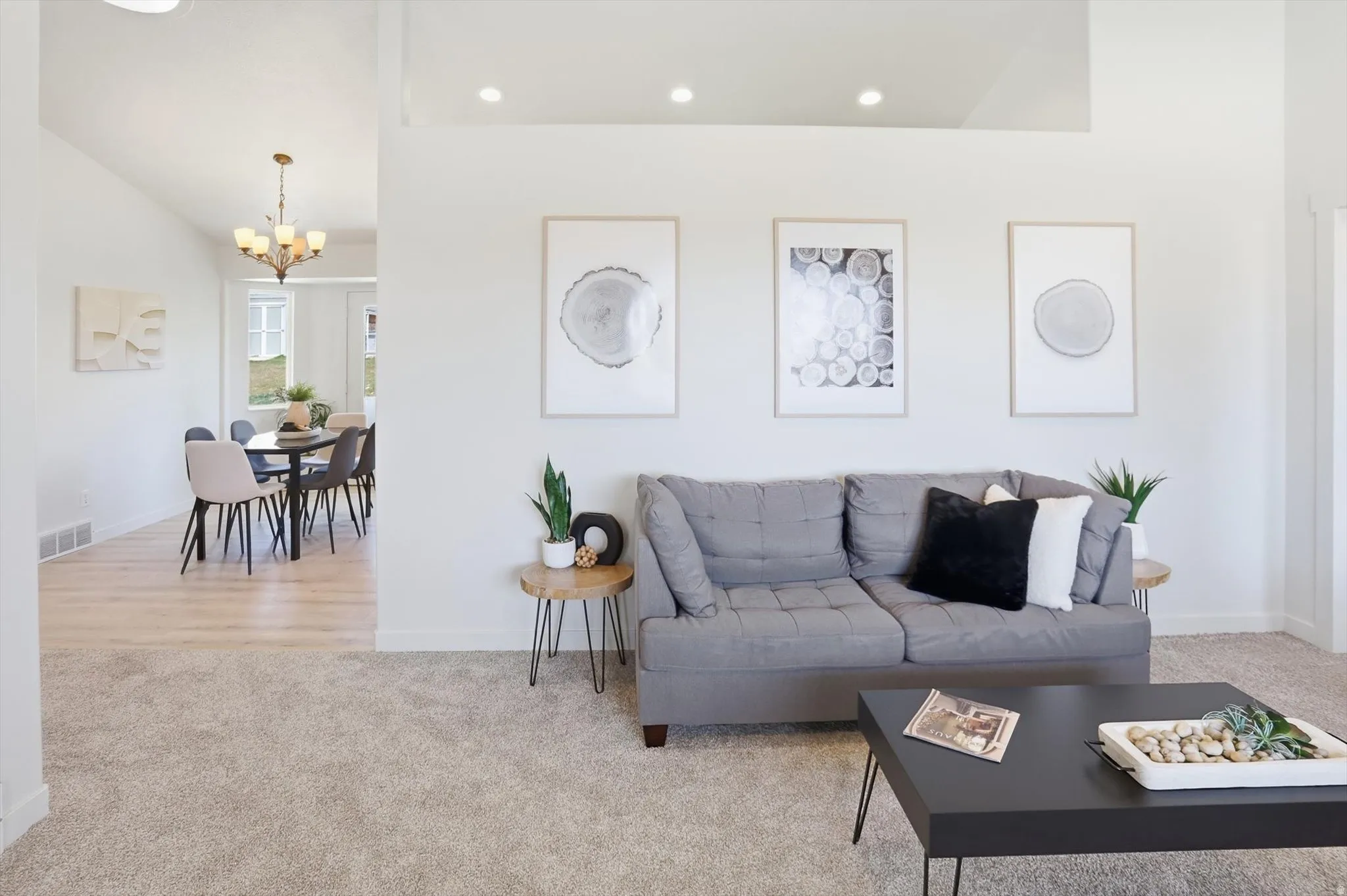 Living room viewed from the front door with dining area in the background.