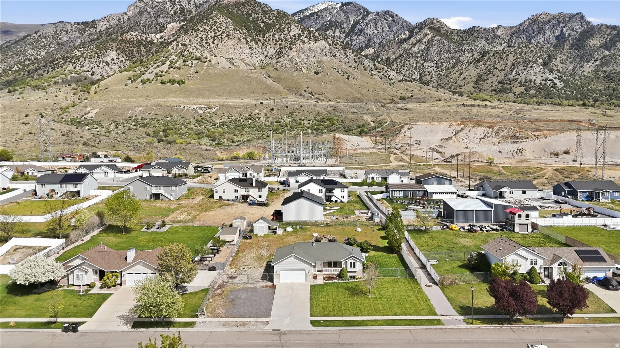 Aerial perspective of suburban area featuring mountains
