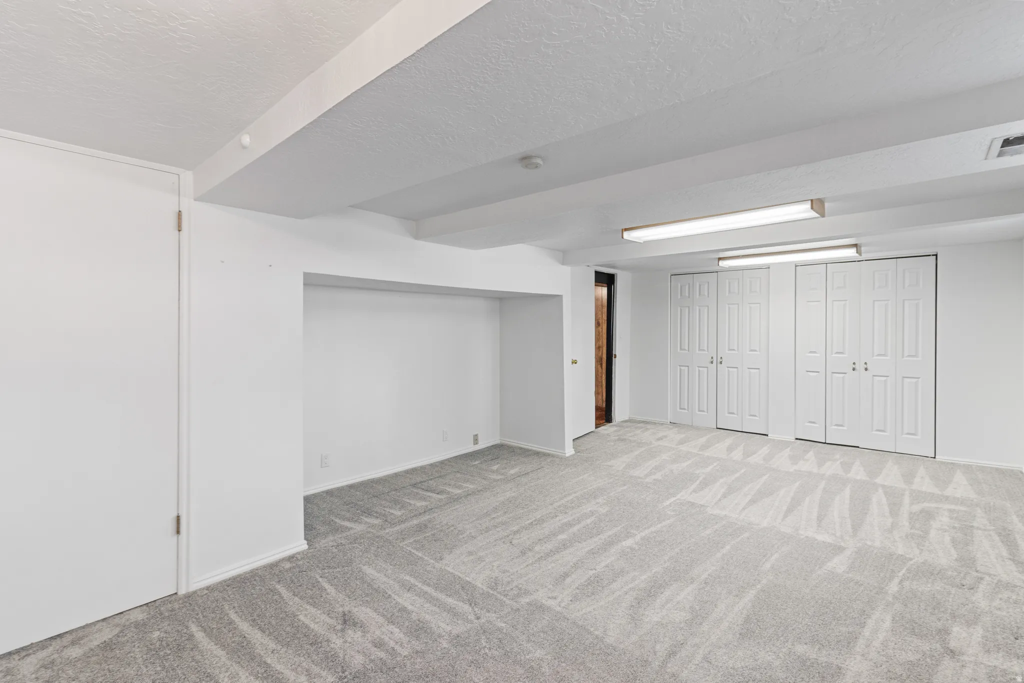 Finished basement with light colored carpet and a textured ceiling