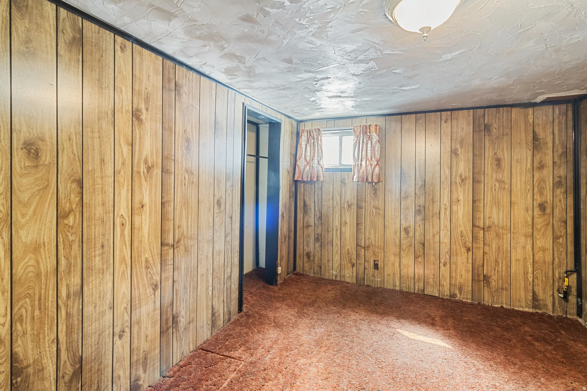 Carpeted spare room with wooden walls