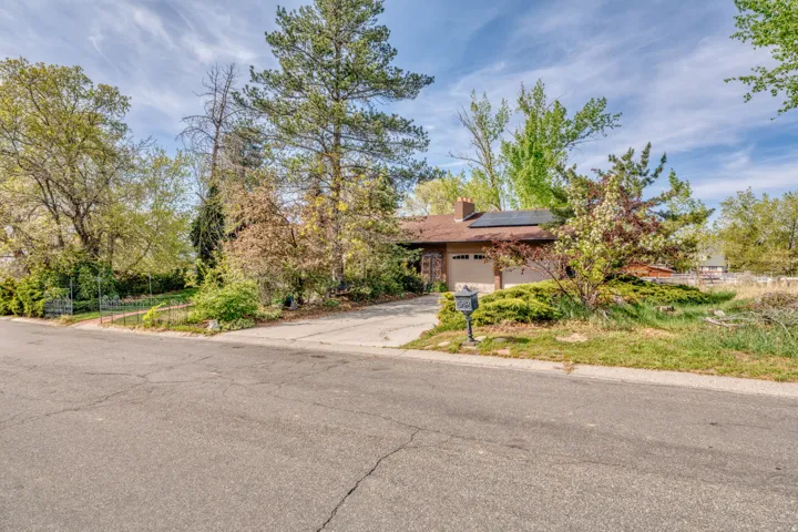 View of property hidden behind natural elements featuring roof mounted solar panels, driveway, a chimney, and an attached garage
