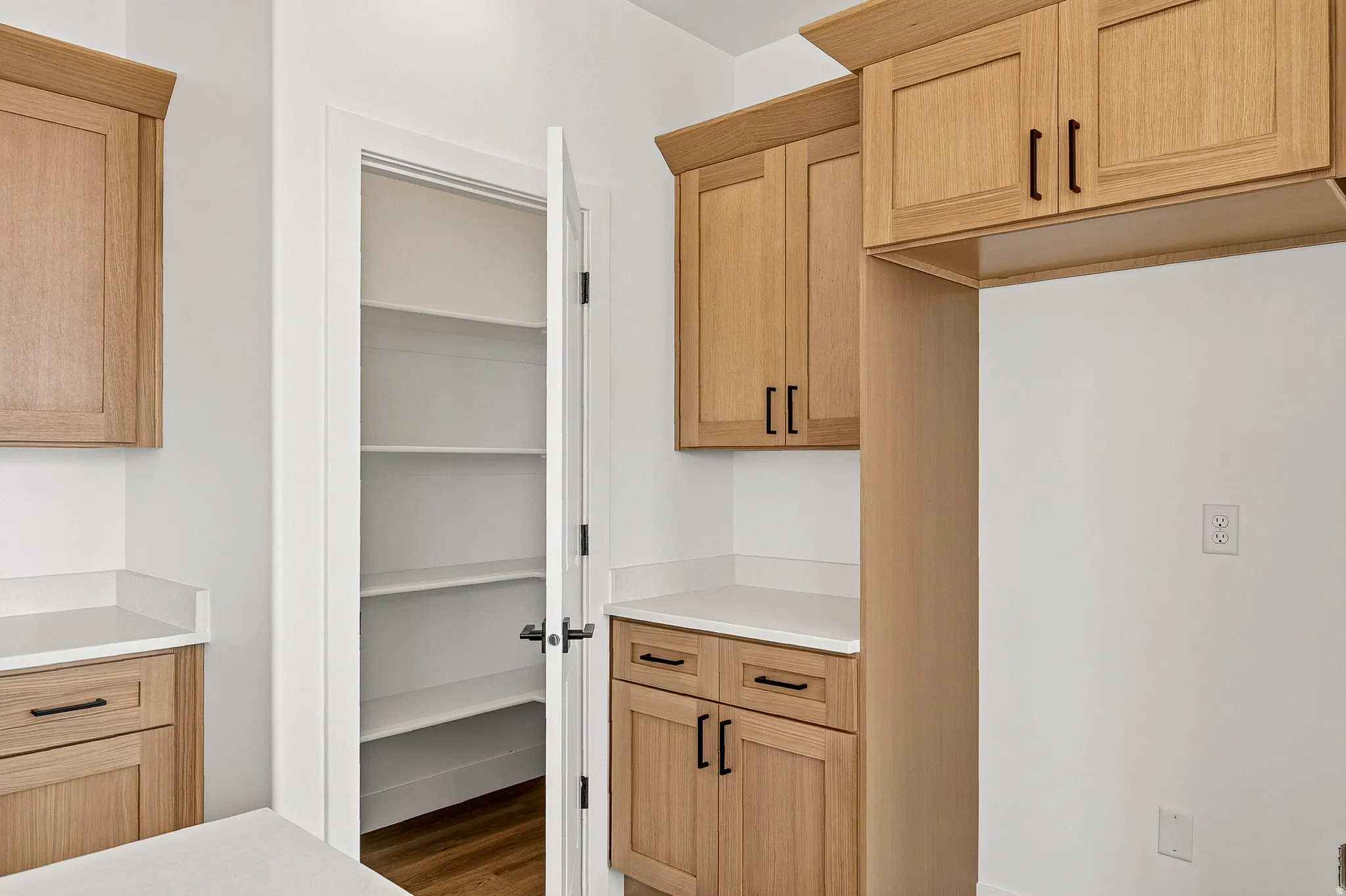 Walk-in pantry with ample shelving, light wood-finish cabinetry, white countertops, and contemporary black hardware