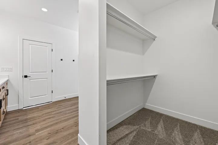 Walk-in closet with shelves and hanging rods, featuring gray carpet flooring