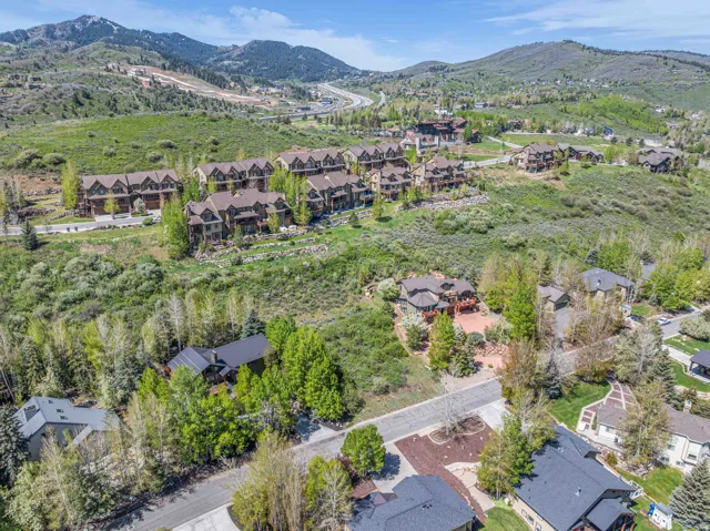 Aerial view of residential area with mountains