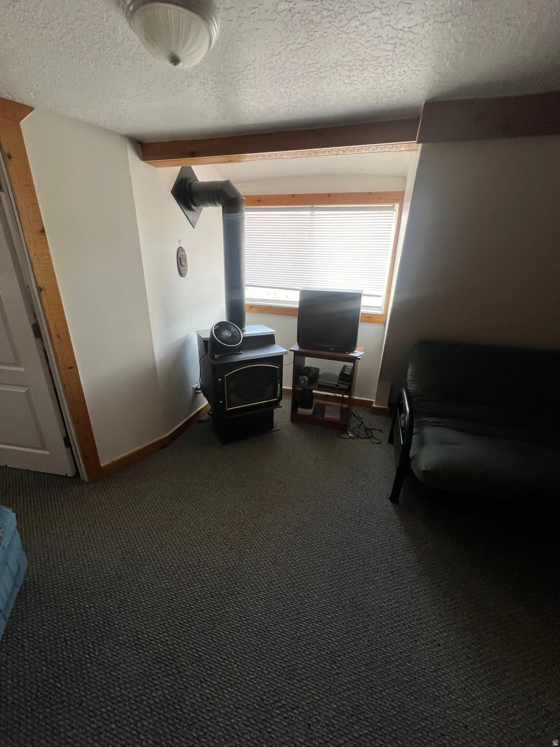 Bedroom #1 featuring a textured ceiling, carpet flooring, and a wood stove