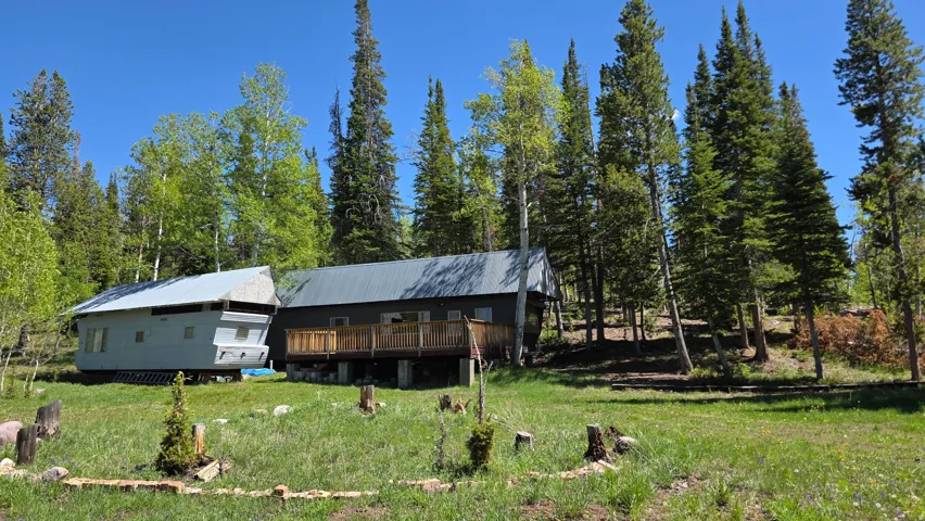 Expansive green space featuring a primary residence with a wood deck and a separate auxiliary structure, surrounded by mature evergreen and deciduous trees