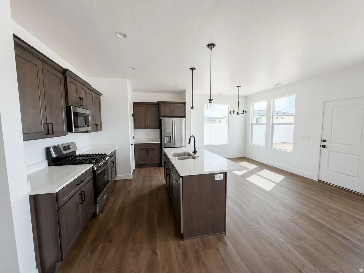 Kitchen featuring wood-finish flooring, dark wood cabinetry, white countertops, stainless steel appliances, and a central island with sink