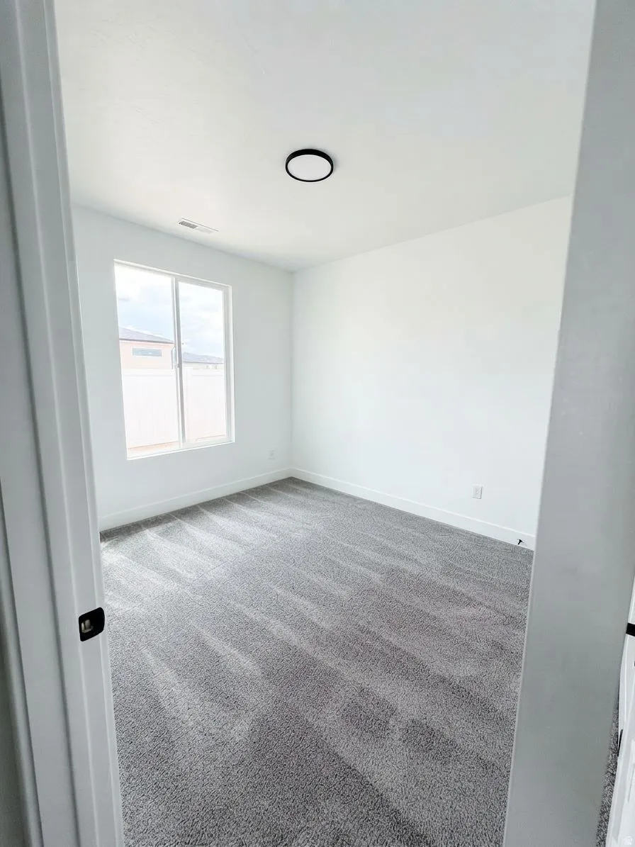 White walls with a single window, gray carpet, and a black flush-mount ceiling light fixture