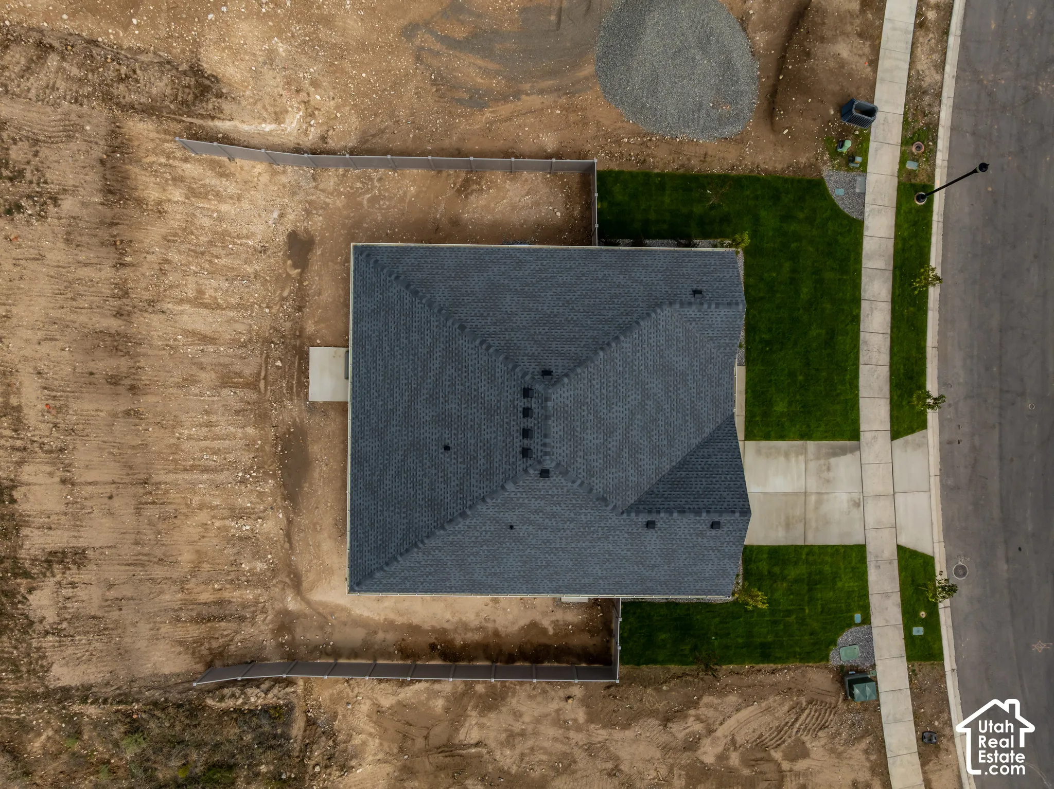 Pitched roof with dark shingles