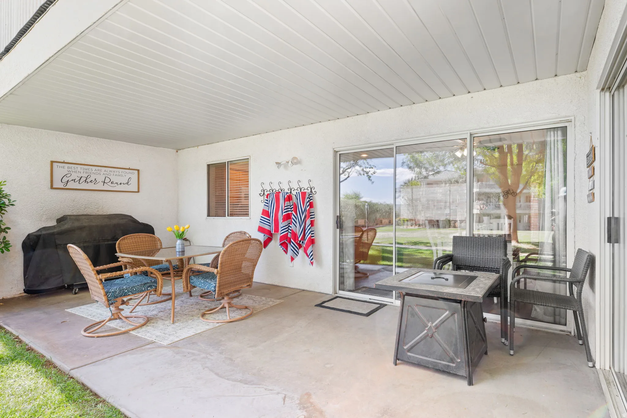 Dining space with concrete flooring