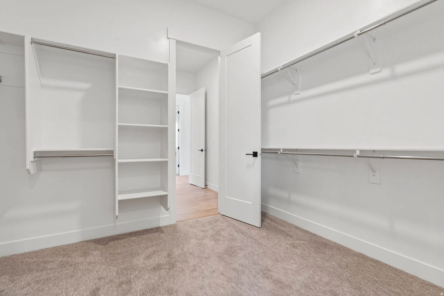 Walk in closet featuring light carpet