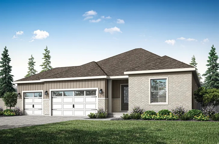 Contemporary single-story residence featuring a combination of light brick and vertical siding