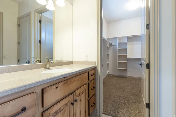 Full bath with vanity, a walk in closet, and light carpet