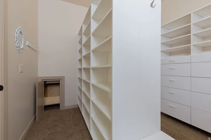 Walk in closet featuring dark carpet