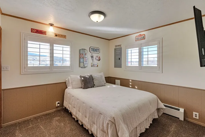 Bedroom featuring a wainscoted wall, wood walls, a baseboard heating unit, dark colored carpet, and multiple windows