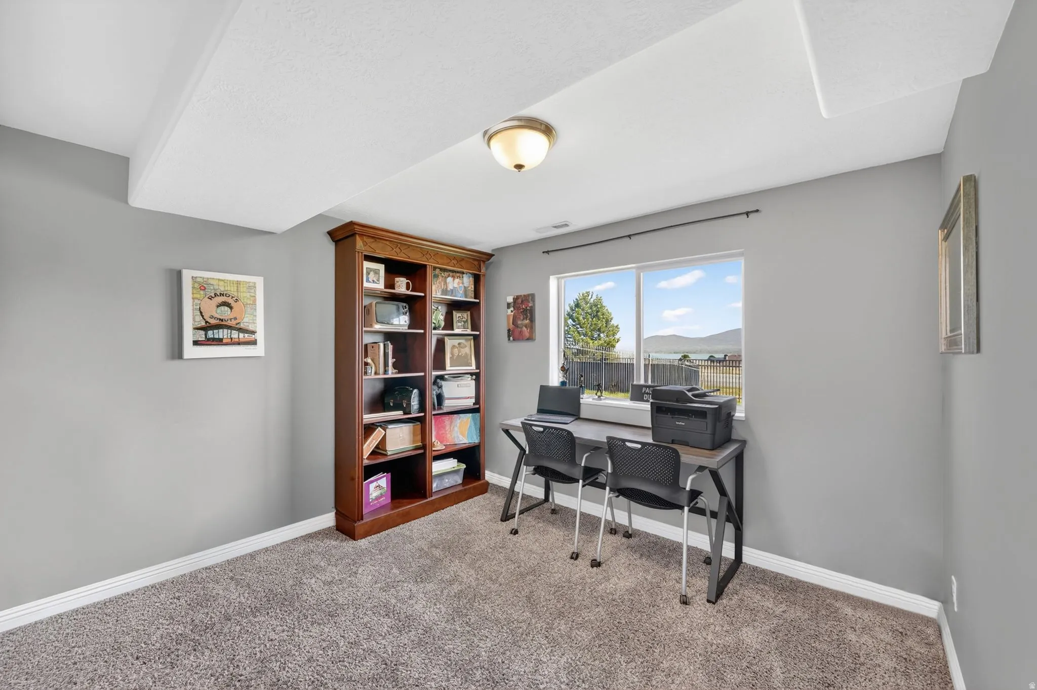Home office with light colored carpet and baseboards