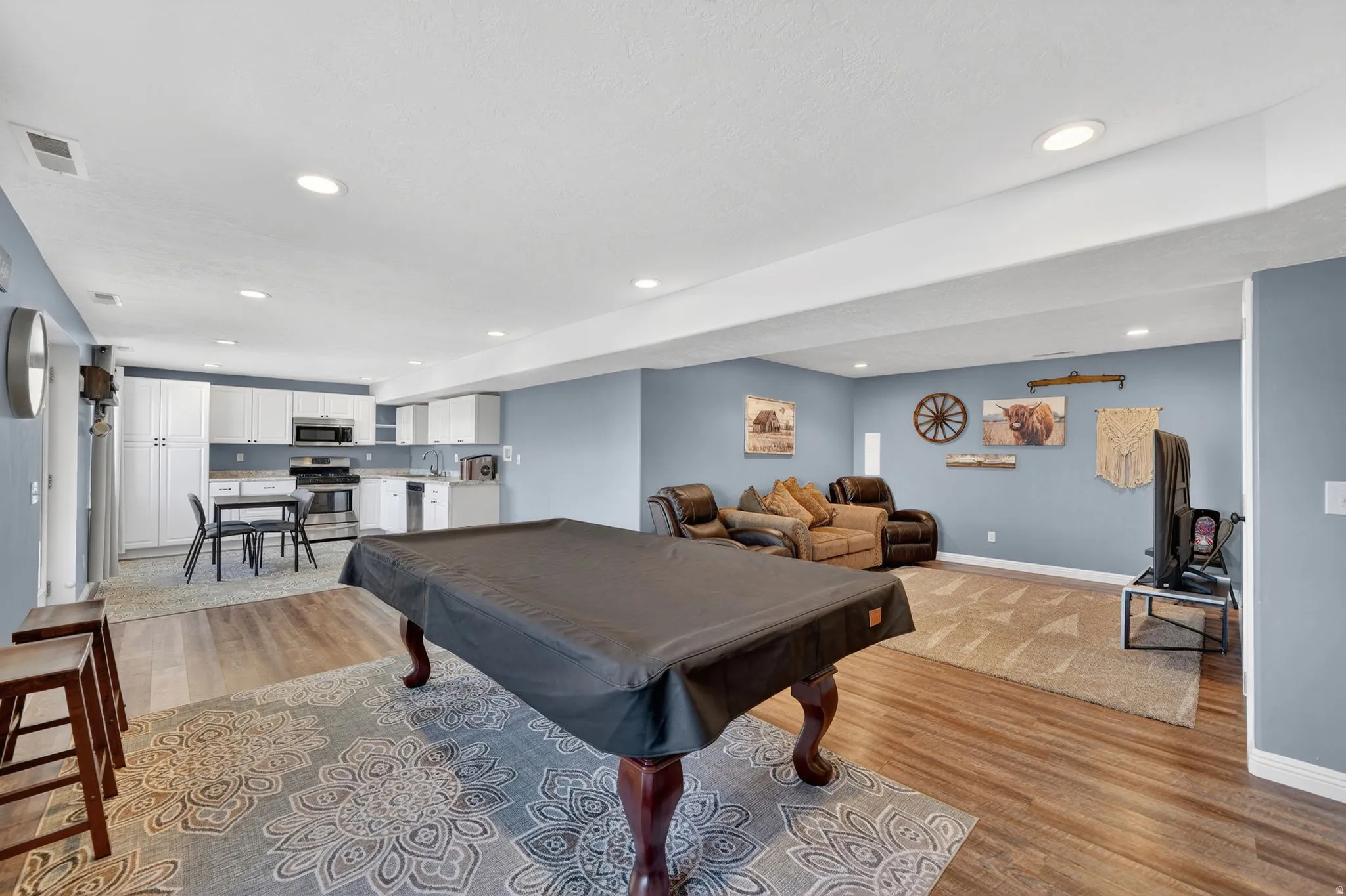 Rec room featuring light wood-style floors, pool table, and recessed lighting