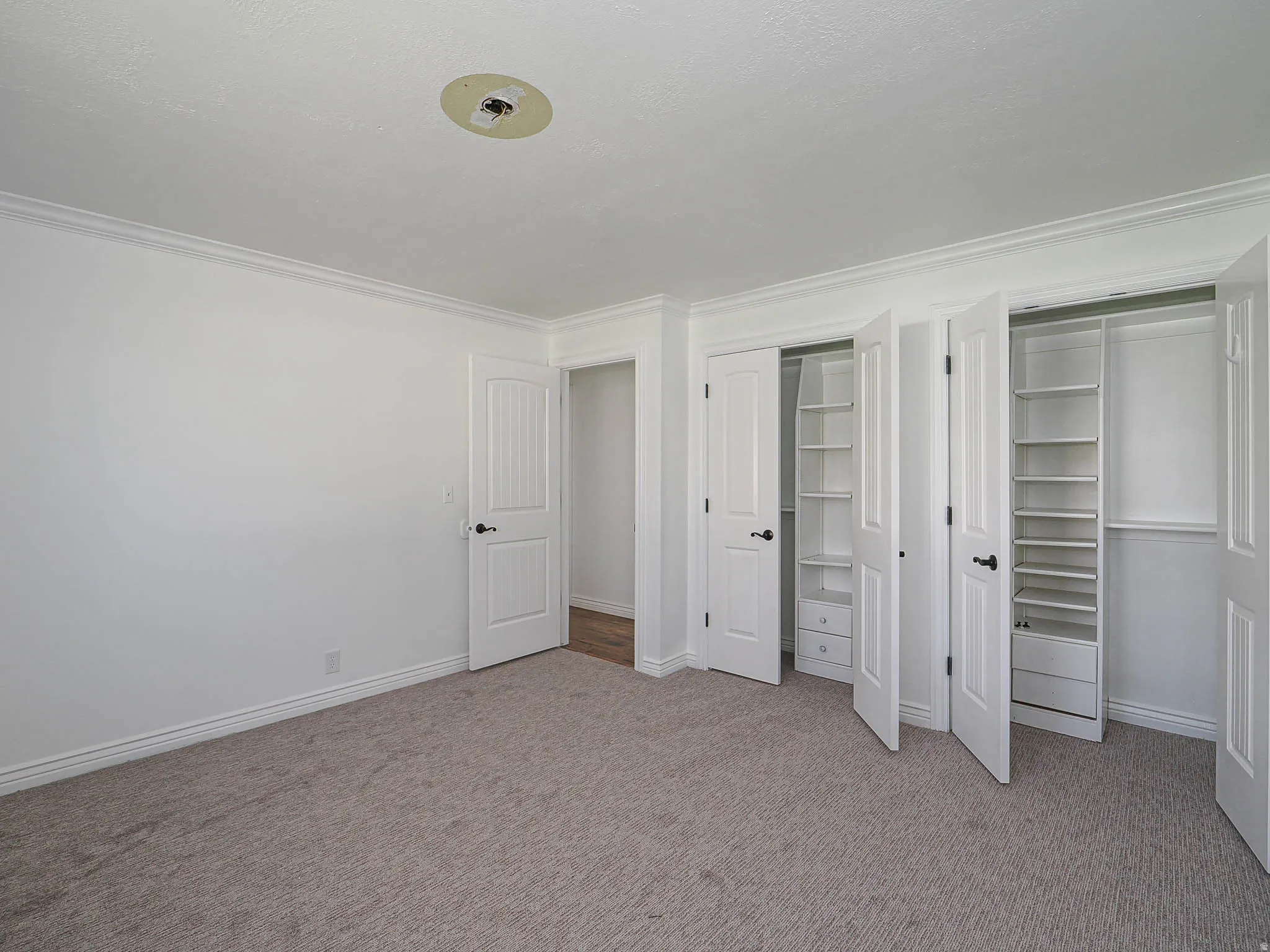 Unfurnished bedroom featuring multiple closets, light carpet, and ornamental molding