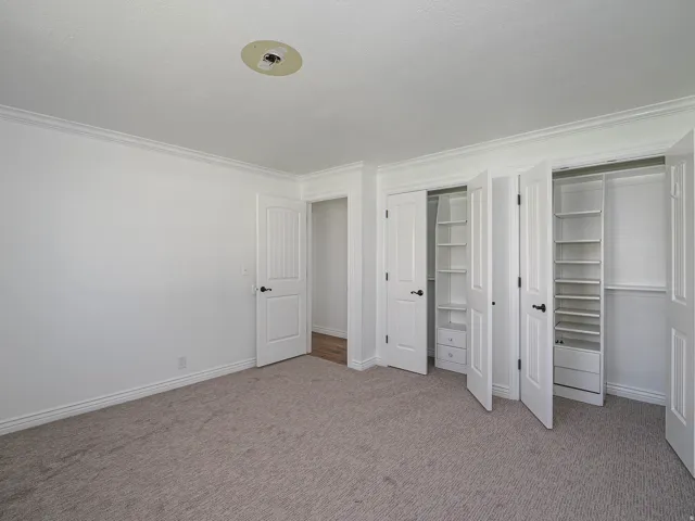 Unfurnished bedroom featuring multiple closets, light carpet, and ornamental molding