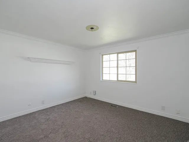 Unfurnished room featuring dark colored carpet and crown molding